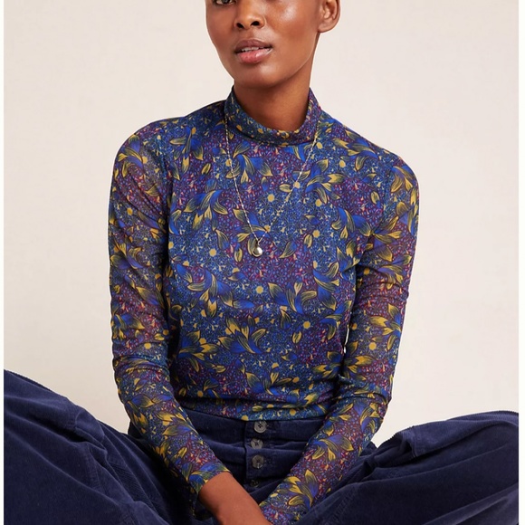 Anthropologie Patterned Mesh Turtleneck Top Blue Size Medium - Picture 1 of 4